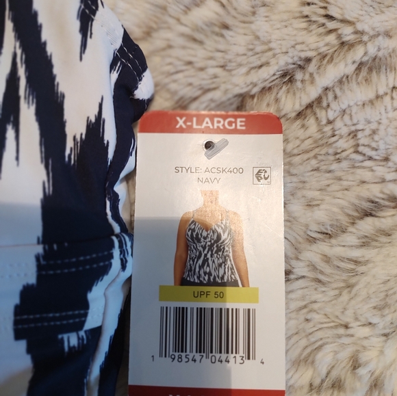 Anne Cole Navy White Ikat Tankini Swim Top XL UPF 50 Adjustable Straps - Picture 3 of 4